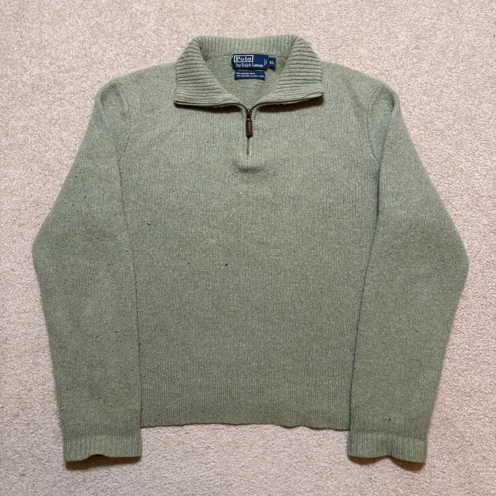 Polo Ralph Lauren Sweater Mens XL Green Angora Wool Quarter Zip‎ Mock Pullover